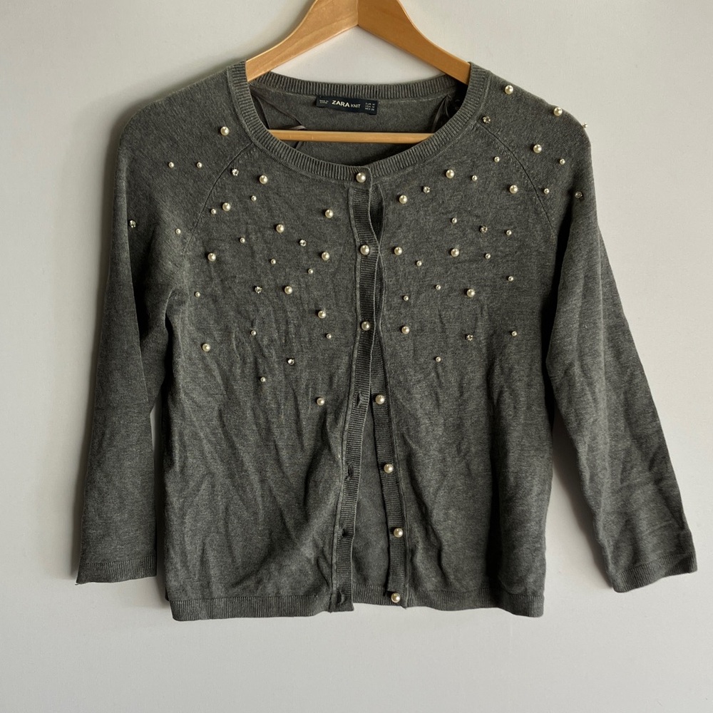 Zara Charcoal Pearl-Studded Cardigan